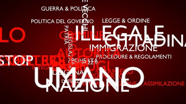 Illegal, immigration, crime, refugee word tag cloud, red, Italian variant, 3D rendering, UHD