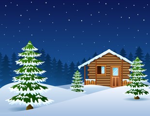 Christmas wooden house with fir trees