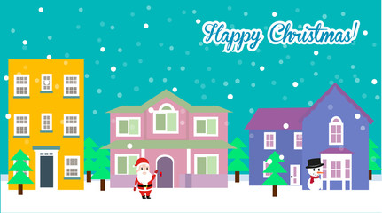 Christmas houses vector, with details, snowfall background.
