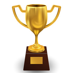 Golden metallic trophy cup isolated on white