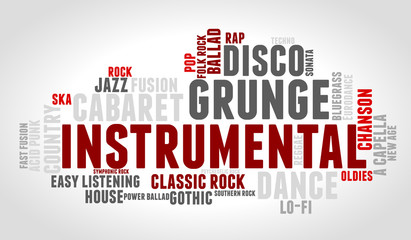 Obraz premium Instrumental. Word cloud, type font, gradient grey background. Music concept.