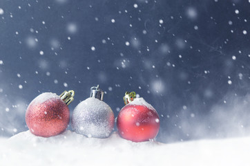 Christmas white and red balls with snowflake on abstract background holiday, copy space, Winter