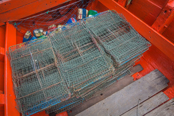 Ancient fishing equipment , crab traps  are on fishing boat, Chanthaburi, Thailand.
