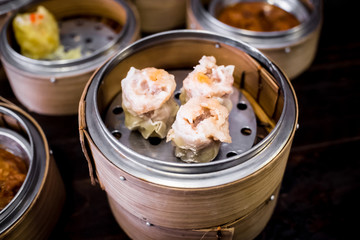 dim sum in bamboo steamer, chinese cuisine