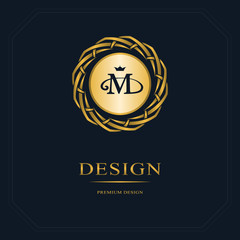 Gold Emblem of the weaving circle. Monogram design elements, graceful template. Simple logo design Letter M for Royalty, business card, Boutique, Hotel, Heraldic, Web design. Vector illustration