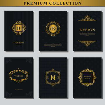 Set of gold emblems. Collection of design elements, labels, icon, frames, for packaging, design of luxury products. Logo design for business cards, brochures, booklets, flyers. Vector illustration