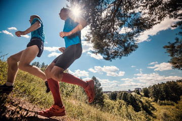 Trail running athletes crossing off road terrain at sunny day