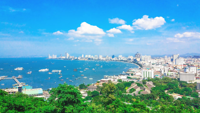 Pattaya City Panorama View Of Building City Skyline Daytime.