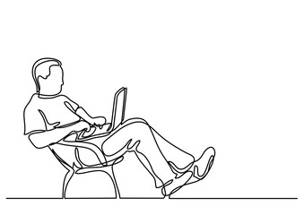 continuous line drawing of man sitting working on laptop compute