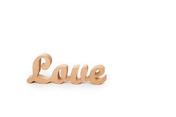 Word love, wooden letters on white background with space for text. Lovestory or wedding decor