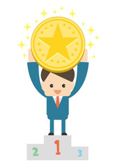 金メダルを持つビジネスマン 表彰台