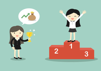 Business concept, Boss give a trophy to business woman. Vector illustration.