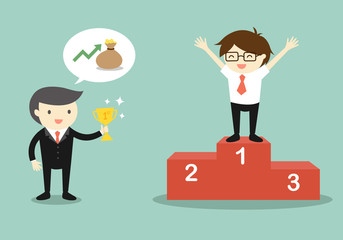 Business concept, Boss give a trophy to businessman. Vector illustration.