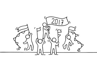 Sketch of working little people with garlands and flags.