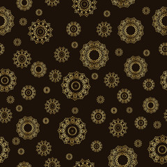 Snowflakes pattern design. Decorative winter background in golden colors. Seamless vector illustration.