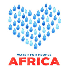 Charity clean Water poster. Social illustration about problems Africa. Giving donations for African children and people. Foundation project. Watercolor hand painted drawing
