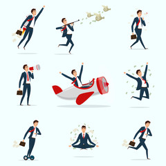 Set of businessmen in different situations. Collection of successful men. Person moving to the success. Collection of business concepts isolated on light background. Vector illustration.