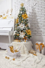 Christmas tree decorated with white flowers