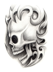 Art design skull head mix graphic tribal tattoo hand pencil drawing on paper.