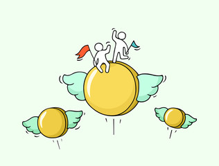 Sketch of flying coins with little workers.
