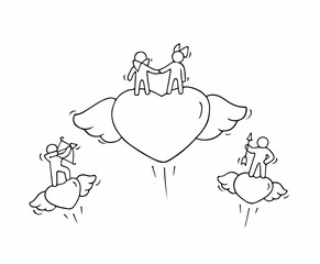 Sketch of flying hearts with cute little people.