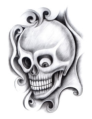 Art design skull head mix graphic tribal tattoo hand pencil drawing on paper.