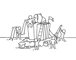 Sketch of gift box with working little people.