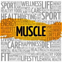 Muscle word cloud collage, health concept background