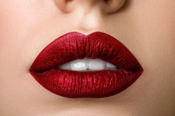 Fotobehang Close up view of beautiful woman lips with red matt lipstick © Liudmila Dutko