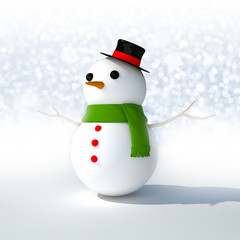 Snowman in Christmas theme with light bokeh, 3d