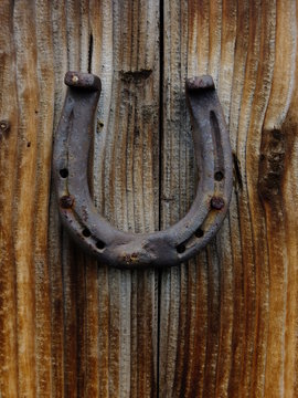 Horseshoe Hanging On Wood Door 