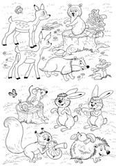 Fototapeta na wymiar Coloring page with cute and funny woodland animals