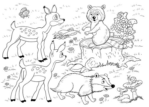 Coloring page with cute and funny woodland animals