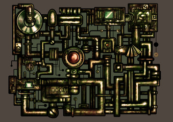 Steampunk decorative interface. Illustration fantasy composition in rusty style consist of pipes and industrial mechanism