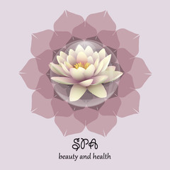 Logo lotus in a bubble. Lily flower in a drop of water on a background pattern mandala. Line length of Buddhism, yoga and spa salon. Vector illustration