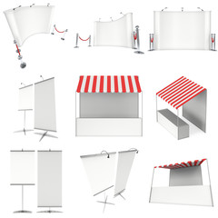 Market stand kiosk stall with striped awning for promotion sale. Shopping cart. Pop-up and roll-up stands set. 3D render illustration isolated on white.