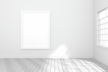3D rendering : illustration of white poster hanging on the wall in empty room.space for your text and picture.product display template.white wall and wooden floor.light shining from outside.
