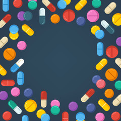 Medicine tablets, pills, drugs, capsules. healthy vector concept background