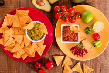 Guacamole and nacho chips.