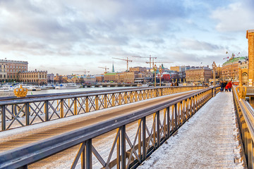 winter view of the Bridge of Skeppsholmen in Stockholm.