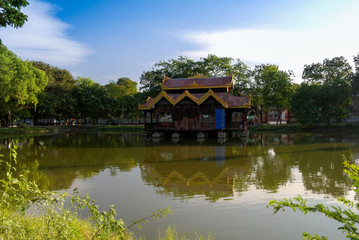 Fototapeta premium View to Gazebo along pond in Mandalay, Myanmar