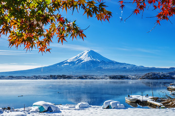 Mt. Fuji and autumn foliage at Lake Kawaguchi.Mt. Fuji and autum