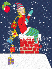 Fototapeta na wymiar pinup Christmas elf girl with gifts
