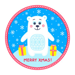 Flat polar bear. Vector hand drawn polar bear with ornament. Holiday decor with winter animal, snowflake and gifts. Isolated. Merry Xmas!
