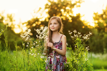 Naklejka na ściany i meble Cute smiling little girl on the meadow at the farm. Portrait of