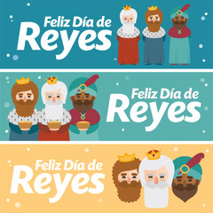 3 different banner. Happy epiphany written in spanish in three different colors. Christmas vectors
