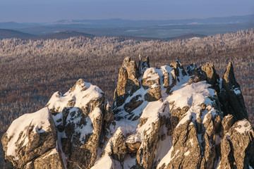 Rock city stone Butte in the winter the Ural mountains at sunrise