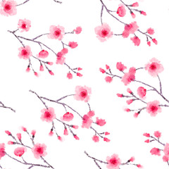 Cute delicate background pattern with pink cherry flowers and stylized hieroglyph meaning spring isolated on the light fond. Vector illustration eps