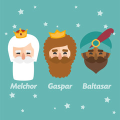The three Kings of Orient, wise men, 3 magi icons vector turquoise set. Melchior, Caspar and Balhazar written in Spanish
