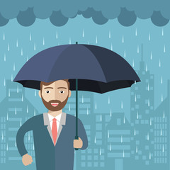 Character with Umbrella Under the Rain. Big City Silhouette on the Background. Vector Illustration